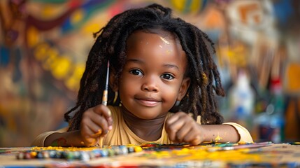 Girl painting with a brush in art class