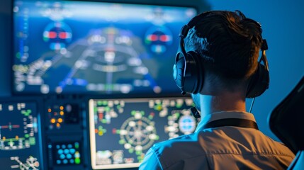 Pilot wearing headset, intently observing flight simulator screen with virtual cockpit and moving map, representing aviation training and skill enhancement in a professional setting.