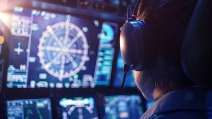 Pilot wearing headset, intently observing flight simulator screen with virtual cockpit and moving map, representing aviation training and skill enhancement in a professional setting.