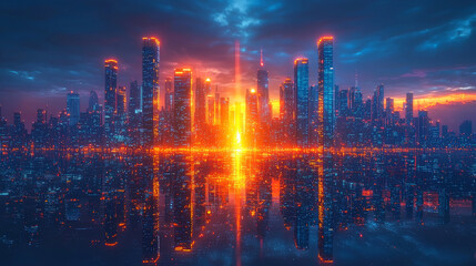 Futuristic cityscape reflected in water with vibrant glow.