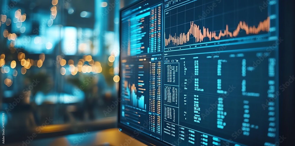 Poster Closeup of a computer screen displaying financial data and charts, with a blurred city lights background.