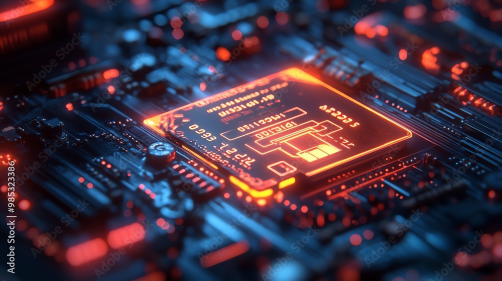 Poster Closeup of a glowing red circuit board with a chip in the center.