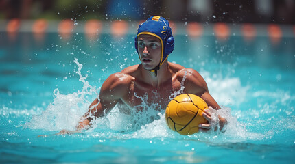 Focused male water polo player showcasing determination in pool match