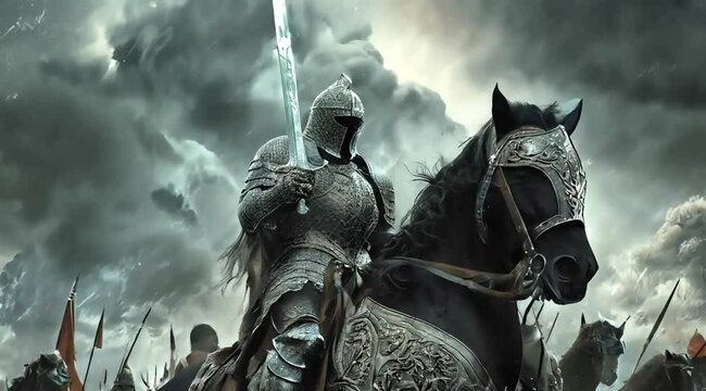 A striking image of a fearless warrior astride a mighty steed, wielding a gleaming sword against the backdrop of a stormy battlefield