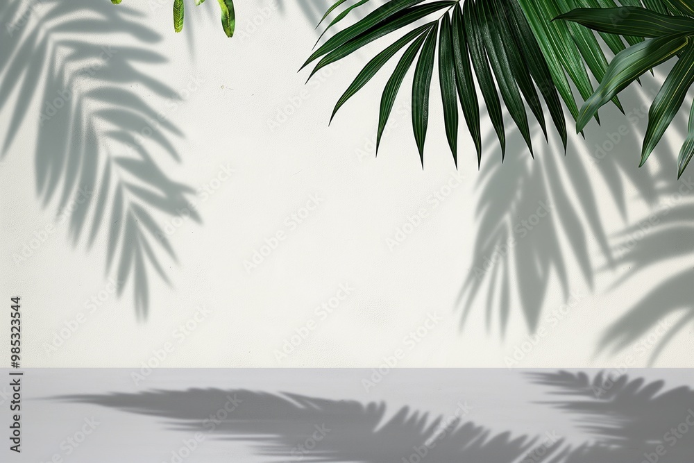 Poster Tropical leaves with intricate patterns fall over a grey table, casting a shadow on a white background. Lush green foliage creates a decorative design. Exotic plants with bright colors and textures.