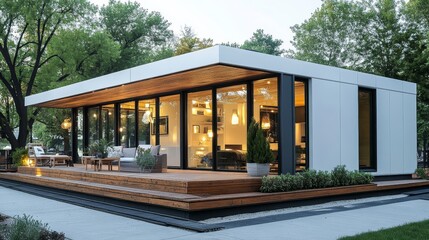 Obraz premium A modern modular cube home with white concrete walls and warm wooden accents