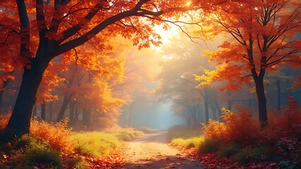 A serene woodland scene filled with vibrant autumn foliage in shades of orange, red, and yellow. The peaceful setting captures the beauty of nature during the fall season.