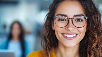 Obraz premium Smiling woman in glasses, looking happy.