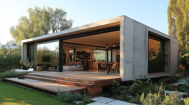 A modern modular cube home with a polished concrete exterior and minimalist garden