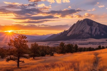 Sunrise over Flatirons mountains near Boulder Colorado. Rocky peaks meet pink morning sky. Clouds gently cover mountain range. Nature beauty in scenic landscape.