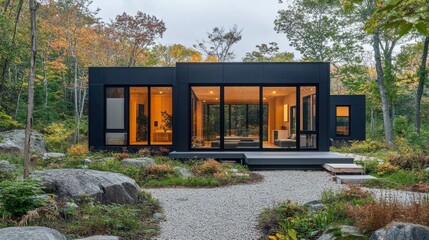 Obraz premium A simple cube house with large windows and a black steel exterior, surrounded by gravel paths