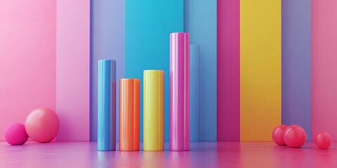 Obraz premium Colorful cylindrical podiums and spheres on a pink background with a colorful striped wall.