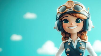 A cheerful animated pilot character with headphones and goggles against a blue sky backdrop.
