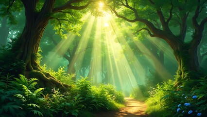 Fototapeta premium A lush green forest with sunlight streaming through the trees, creating a magical and serene atmosphere. The vibrant greenery and dappled light highlight the beauty of nature.