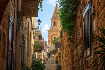 St. Peter Church in Jaffa old city seen from ancient alleys. Historic building in Israel, tourist destination, travel landmark, architecture, Jaffa old town, Tel Aviv neighbor, ancient path, narrow