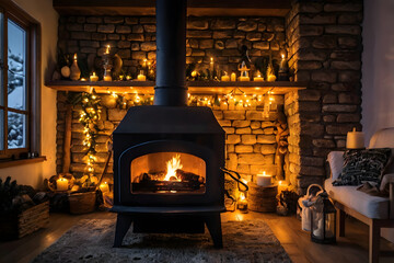 Christmas tree in cozy living room with fireplace