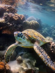 Fototapeta premium Green sea turtle swims near corals and rocks in vibrant turquoise ocean. Coral reef, fish, and aquatic life thrive underwater. Rocky sea floor, coastline, and ocean floor scenery.