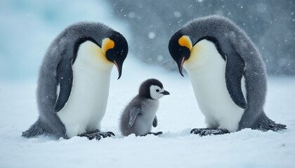 Obraz premium Two Emperor Penguins Protecting Their Baby Chick in Snowy Arctic Landscape