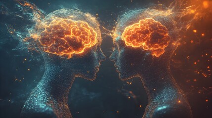 Two intertwined human forms, each with puzzle-piece brains, emitting soft light as their minds connect through synaptic currents, surrounded by a digital grid, Sci-Fi, Futuristic, Cybernetic
