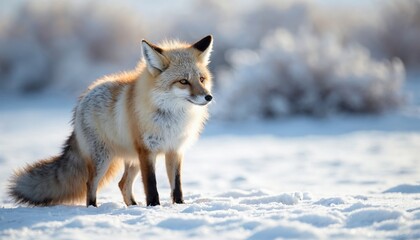 Obraz premium Red fox standing in the snow, winter wildlife, furry animal