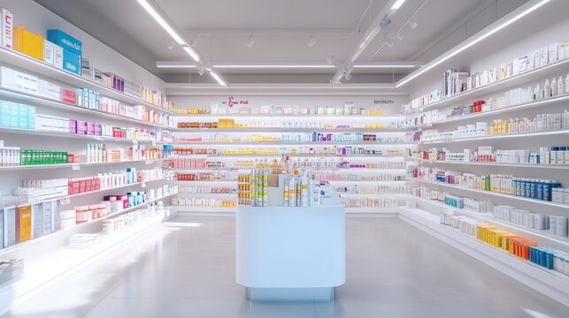 Bright and organized pharmacy interior with a variety of over-the-counter medications