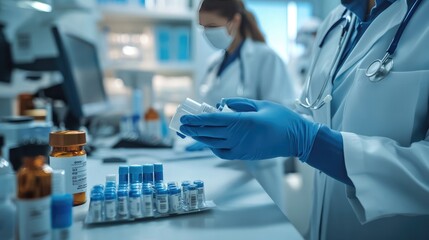 Clinical setting with medication bottles and a nurse preparing doses for patients