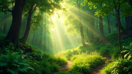 Obraz premium A lush green forest with sunlight streaming through the trees, creating a magical and serene atmosphere. The vibrant greenery and dappled light highlight the beauty of nature.
