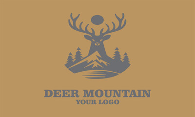 Deer logo with mountains, trees, sun, and text Deer Mountain for branding. Ideal for outdoor, vektor, background, adventure, or wildlifethemed businesses