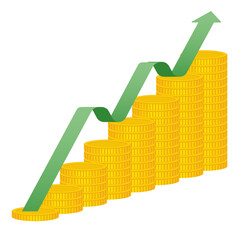 Fototapeta premium Business, money, and investment concept. Golden coins stack up and a green arrow for financial prosperity, economic forecast, and currency growth. Economic expansion and wealth management strategies.