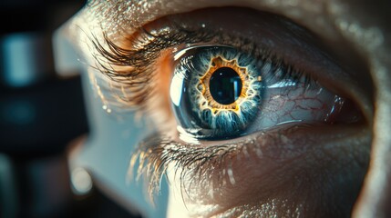 Close-up of a scientist eye through a microscope, highlighting the intricate details of the lab environment and equipment