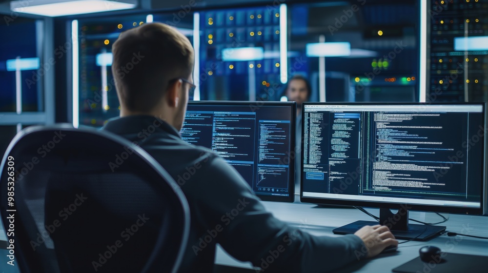 Poster IT specialist works on personal computer with software program interface in modern technical room of data center. Pro working environment with servers, racks, and facility equipment.