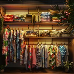 Women's wardrobe with tropical summer shirts clothing collection AI generated image