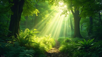 Fototapeta premium A lush green forest with sunlight streaming through the trees, creating a magical and serene atmosphere. The vibrant greenery and dappled light highlight the beauty of nature.