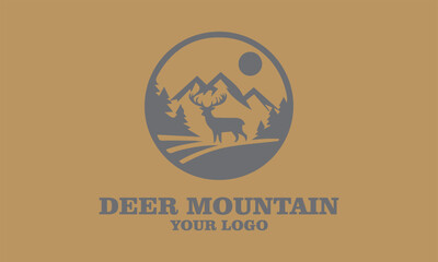 Deer logo with mountains, trees, sun, and text Deer Mountain for branding. Ideal for outdoor, vektor, background, adventure, or wildlifethemed businesses