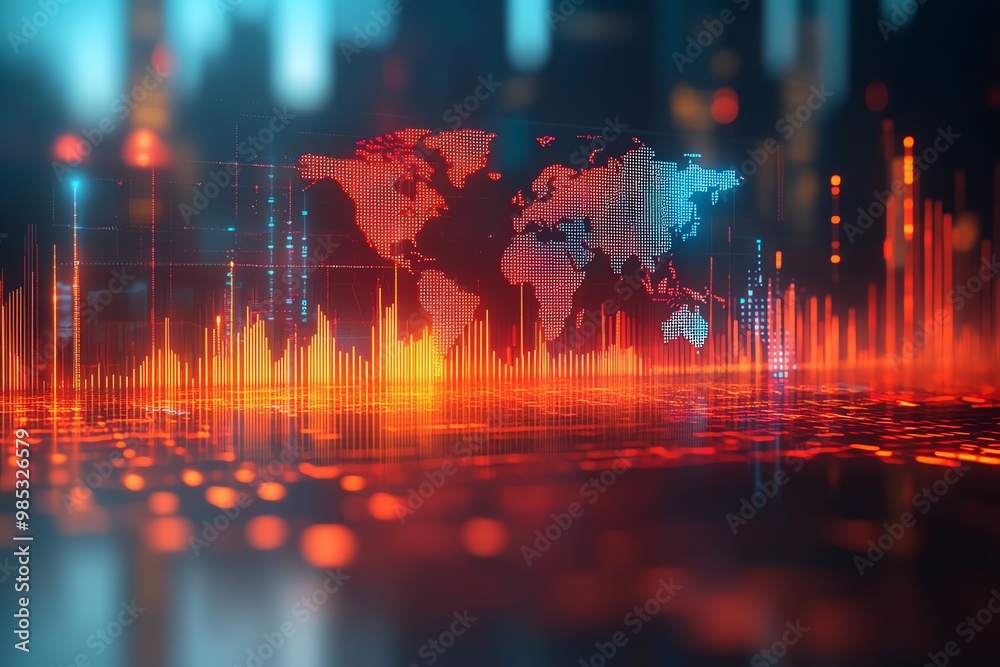 Aufkleber Digital map of the world with data visualization and red and blue glowing lines.