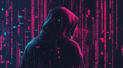 Hooded figure in front of a digital code backdrop.