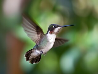 Close-up of a Snowy-bellied hummingbird in mid-air. Vibrant feathers, beak, and wings are visible on a blurred background. Delicate, colourful, and fast bird in flight.