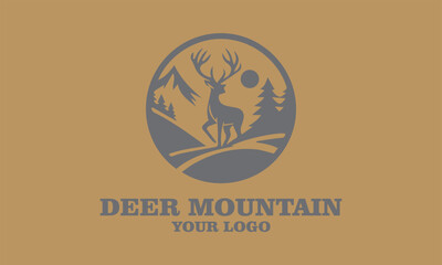 Deer logo with mountains, trees, sun, and text Deer Mountain for branding. Ideal for outdoor, vektor, background, adventure, or wildlifethemed businesses