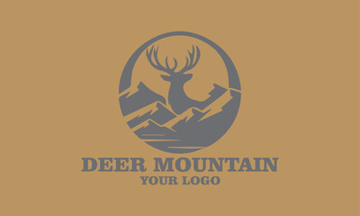 Deer logo with mountains, trees, sun, and text Deer Mountain for branding. Ideal for outdoor, vektor, background, adventure, or wildlifethemed businesses