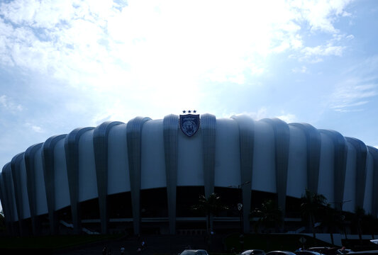"Johor, Malaysia- Sept 14, 2024: A picture of JDT logo at Stadium Sultan Ibrahim during daytime and light from the back. Home of JDT Football Club.