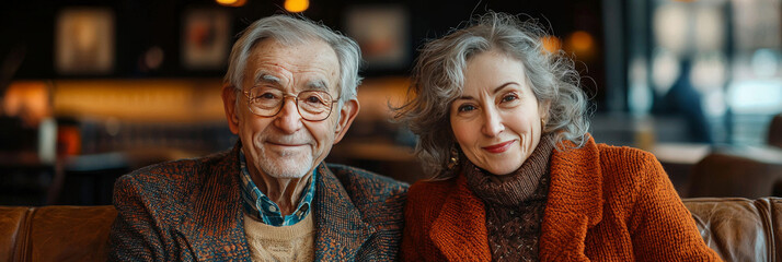 A senior couple smiles warmly at the camera.
