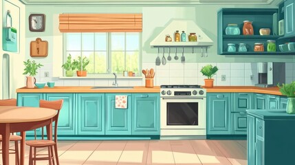 Fototapeta premium 2D Cartoon Illustration of Kitchen Interior Background