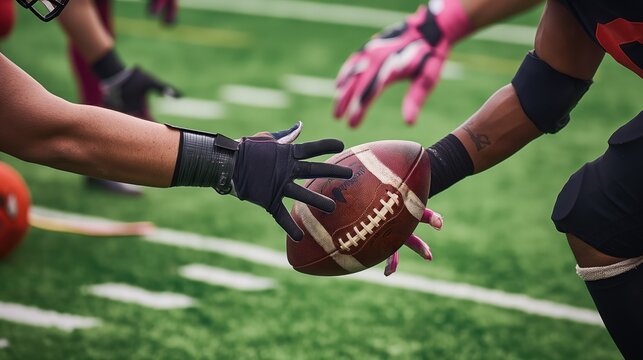 Close-up shot of American football ball between players hands on green field. Hands of athletes grasp football in game start. Kick off competition sport scene on grass field.