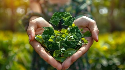 Hands holding a recycle symbol on a green background