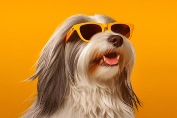 Naklejka premium Bearded collie dog with sunglasses on a yellow background