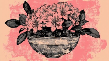 Coloring page of a floating pink rhododendron flower surrounded by flowers and a glass bowl on a pink background symbolizing love and relaxation
