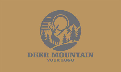 Deer logo with mountains, trees, sun, and text Deer Mountain for branding. Ideal for outdoor, vektor, background, adventure, or wildlifethemed businesses