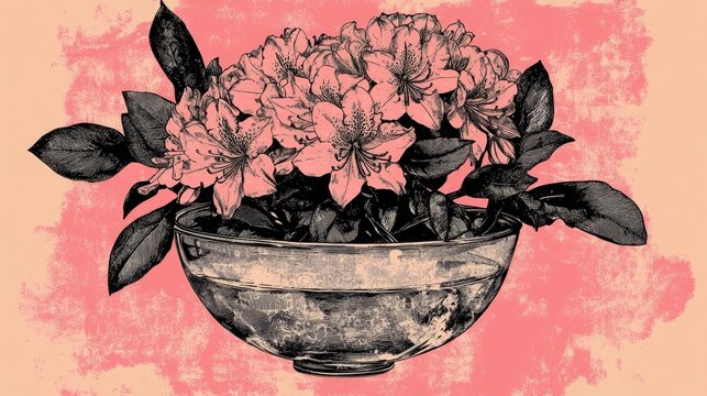 Naklejki Coloring page of a floating pink rhododendron flower surrounded by flowers and a glass bowl on a pink background symbolizing love and relaxation