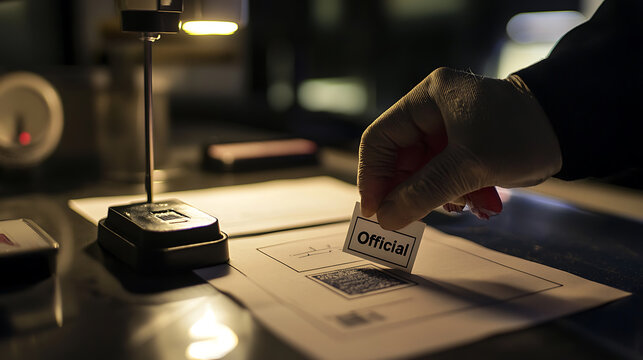 close up of hand wearing glove placing Official label on document under focused light. scene conveys sense of authority and importance in election process. 