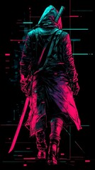 A mysterious figure walks away with a sword, shrouded in neon lights.
